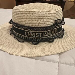 Chic Cream Straw Sun Hat with Black Logo Band